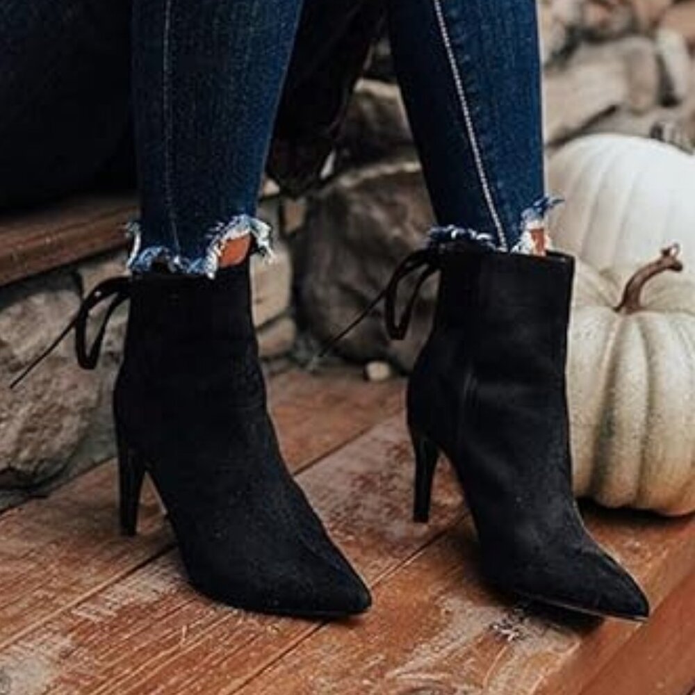 Womens Pointed Toe Heels Ankle Booties Kitten Stiletto Bowtie-Black